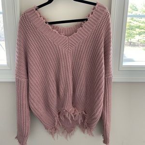 Cropped pink sweater, off the shoulder look